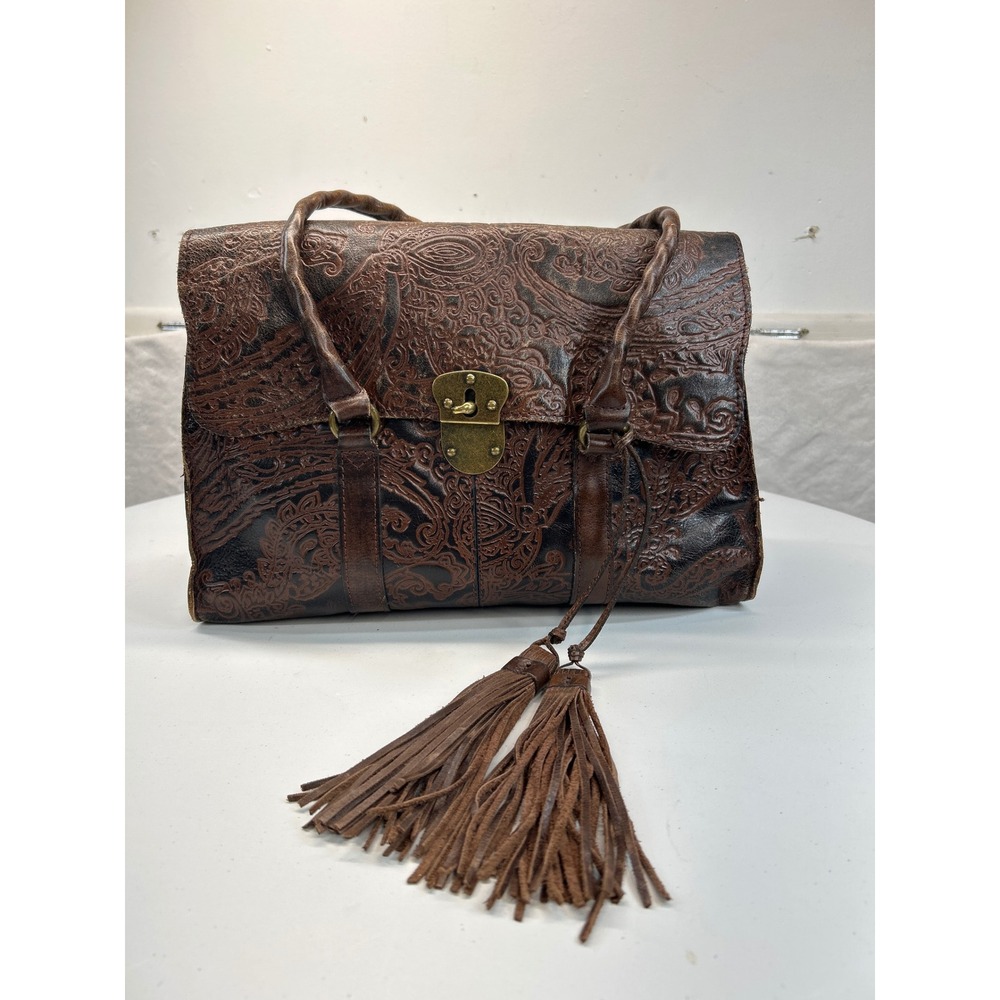 Patricia Nash Tooled Leather Shoulder Bag Brown Paisley Embossed Tassel - Picture 3 of 16